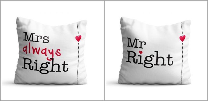 Set 2 perne decorative cu mesaj Mr. Right si Mrs. Always Right